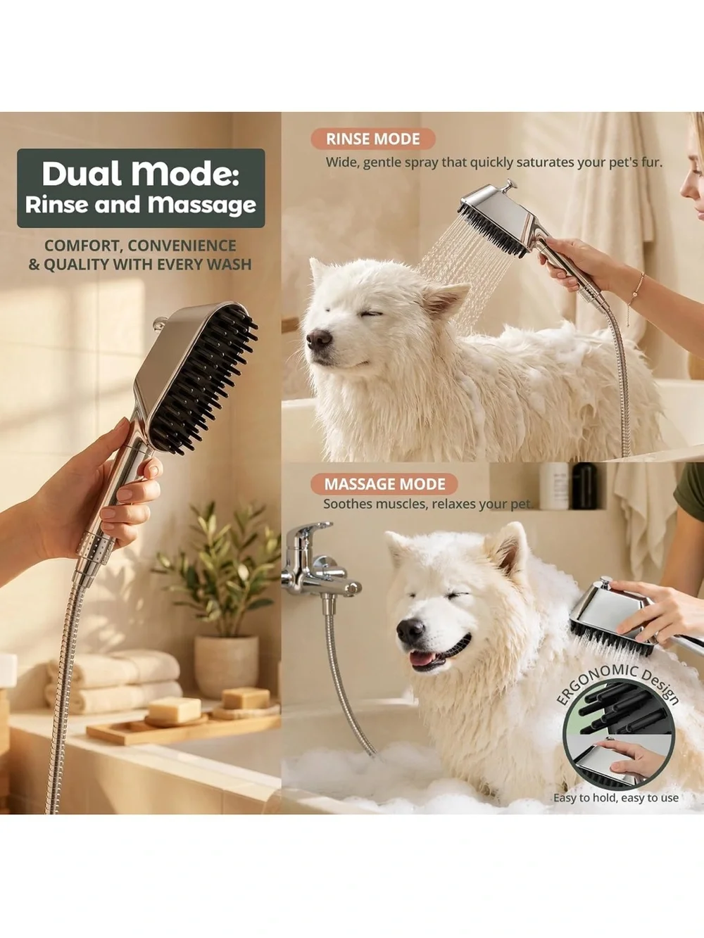 Dog Shower Attachment for Thick Haired Dogs, Magnetic Tool-Free Holder & Ergonom